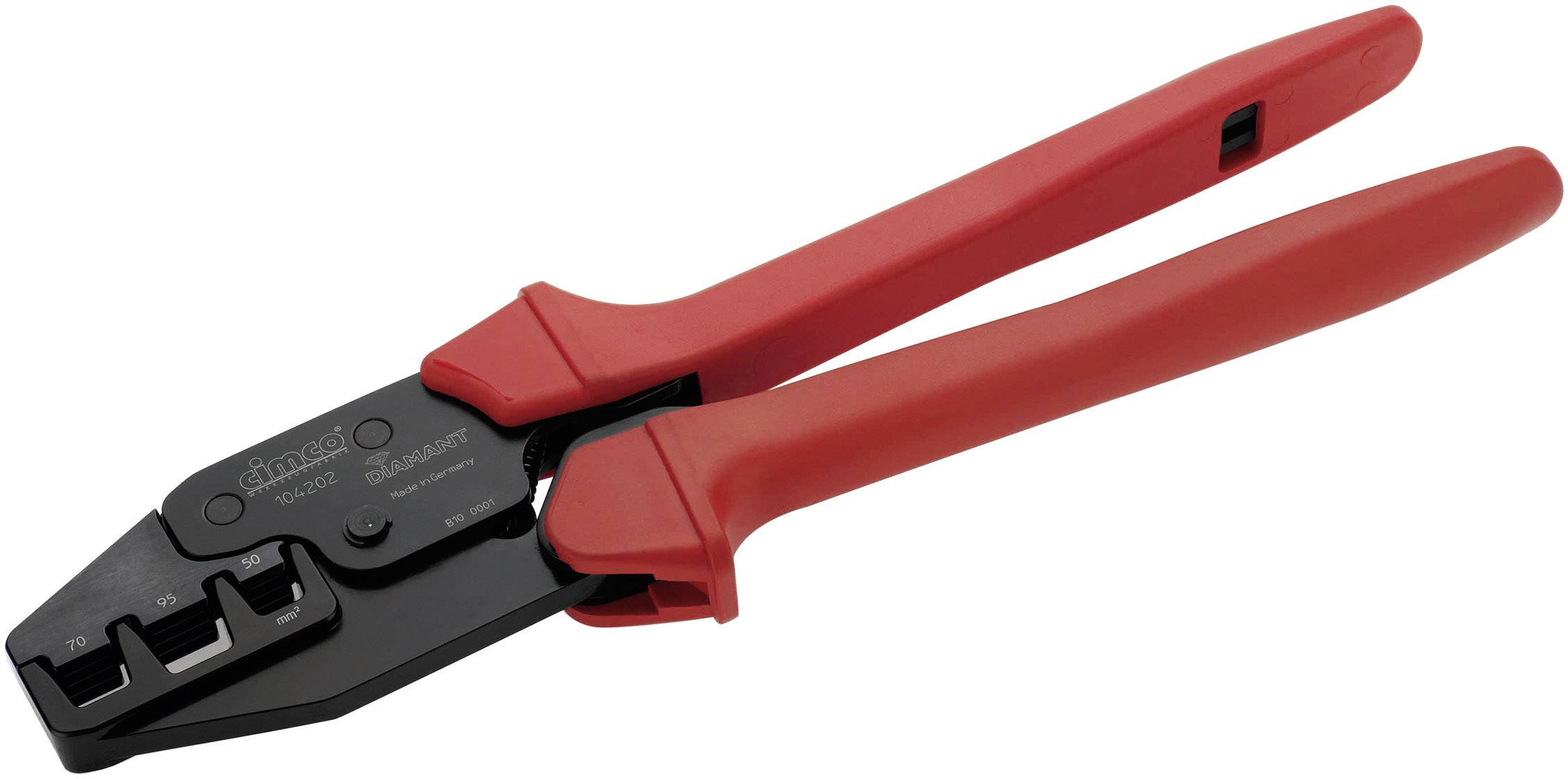 En röd crimptång ligger på en vit bakgrund, redo att koppla ihop kablar. Den har svarta käftar i olika storlekar.