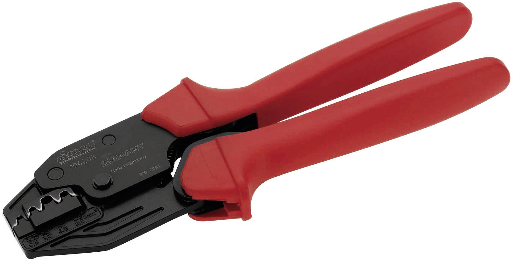 Röd crimptång med svart huvud, lämplig för att fästa kabelsko på trådar.