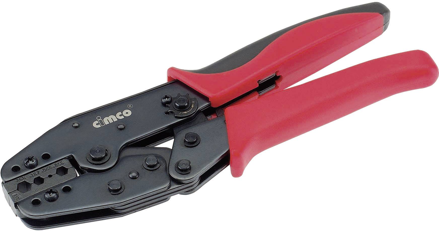 Handkrimptång med röda handtag, lämplig för krimpanslutningar.