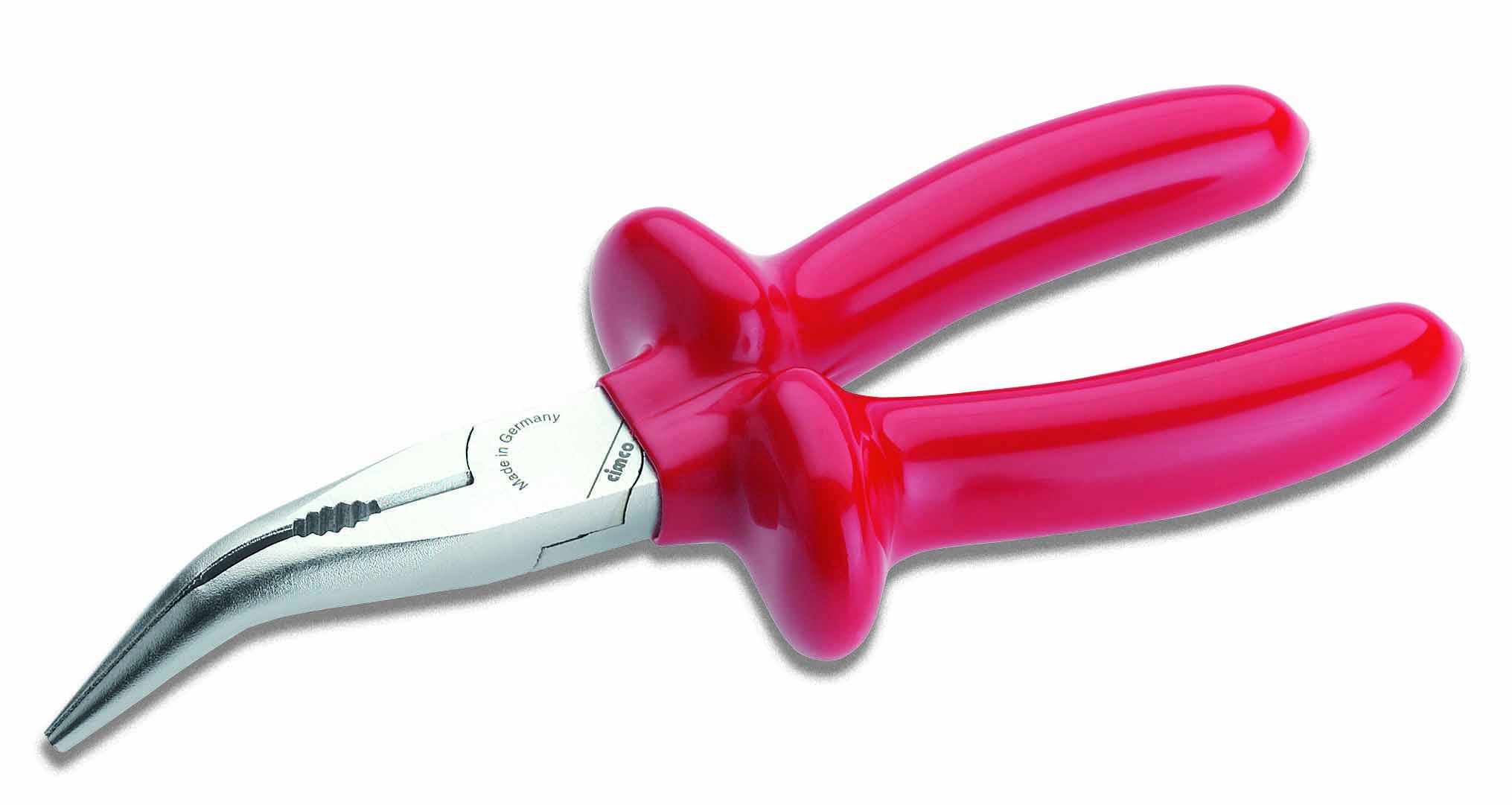 Böjd, spetsig tång med metallspetsar och ergonomiskt handtag, lämplig för precisa arbeten i svåråtkomliga områden.