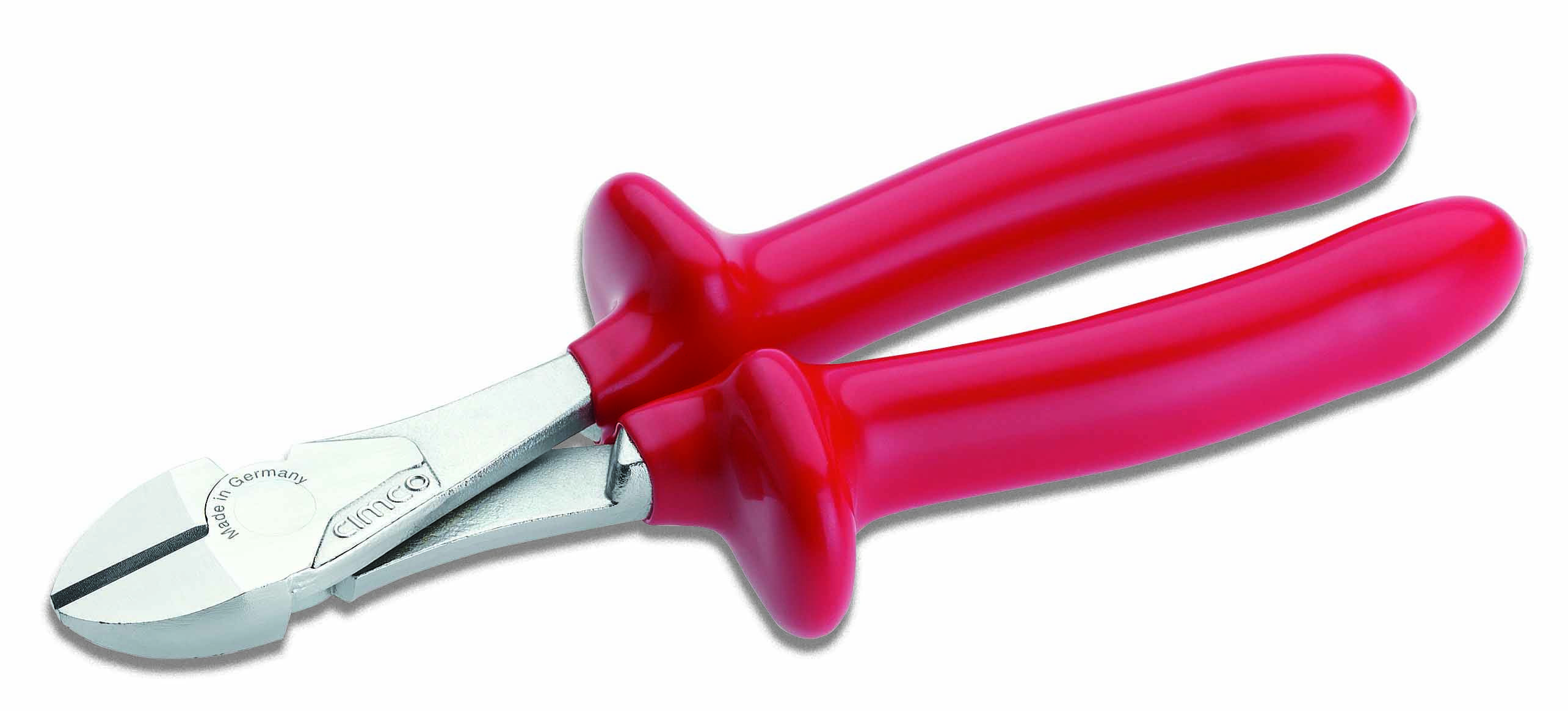 En röd sidavbitare med silvriga skärkanter, används för att klippa trådar eller andra material.