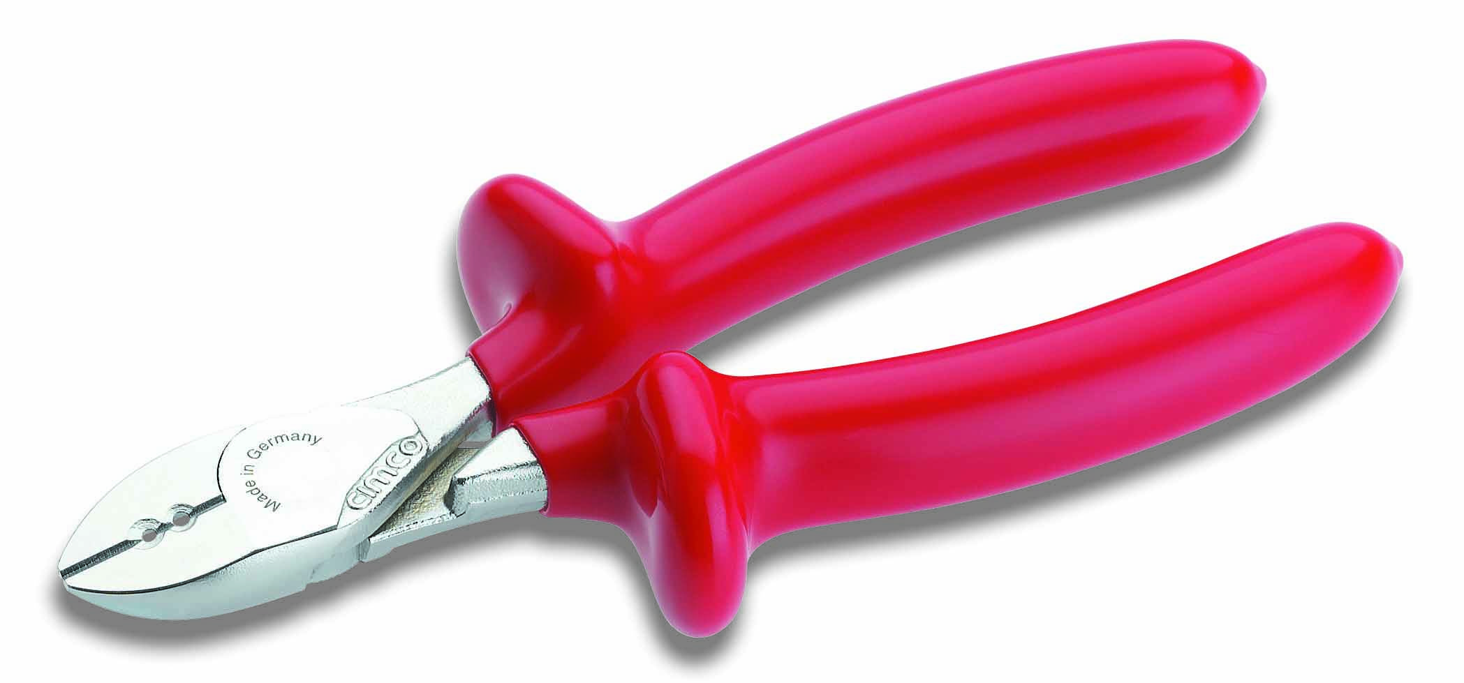 En röd sidavbitare med silvriga skärblad, liggande på vit bakgrund.