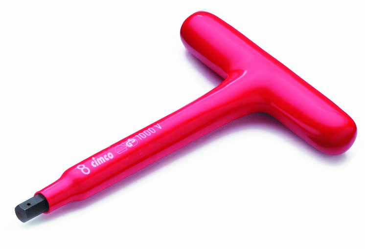 Röd T-sexkantsnyckel med isolerat handtag, lämplig för arbeten upp till 1000 volt. Främst används för elarbeten.