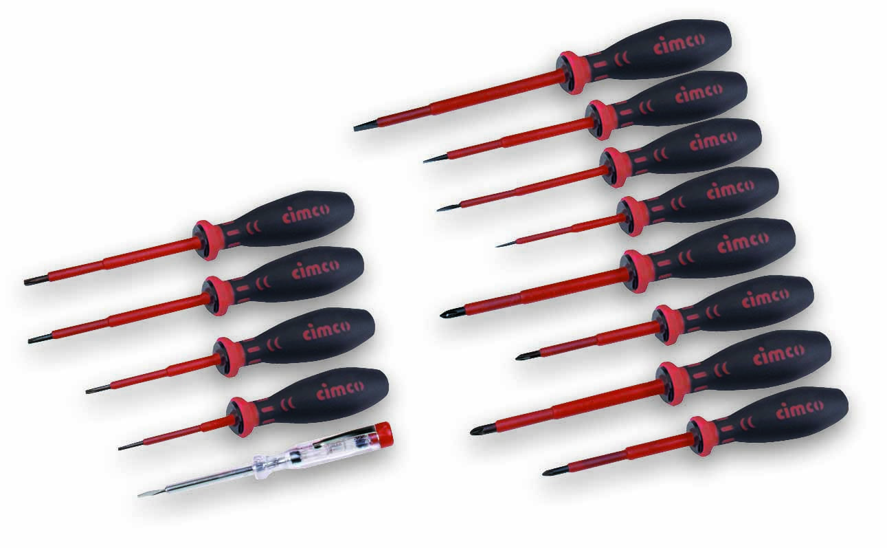 En uppsättning av elva skruvmejslar i olika storlekar, vissa med isolerade handtag, visas. En skruvmejsel lyser upp.