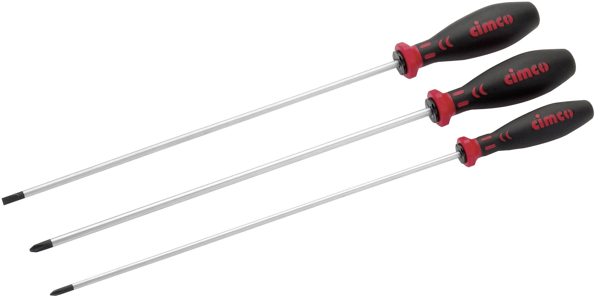 Tre skruvmejslar med svarta handtag och röda detaljer. Olika längder. Märket 'Cimco' på handtagen.