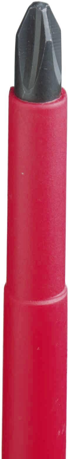 Röd skruvmejsel med svart krysspårmejsel, vertikalt riktad.