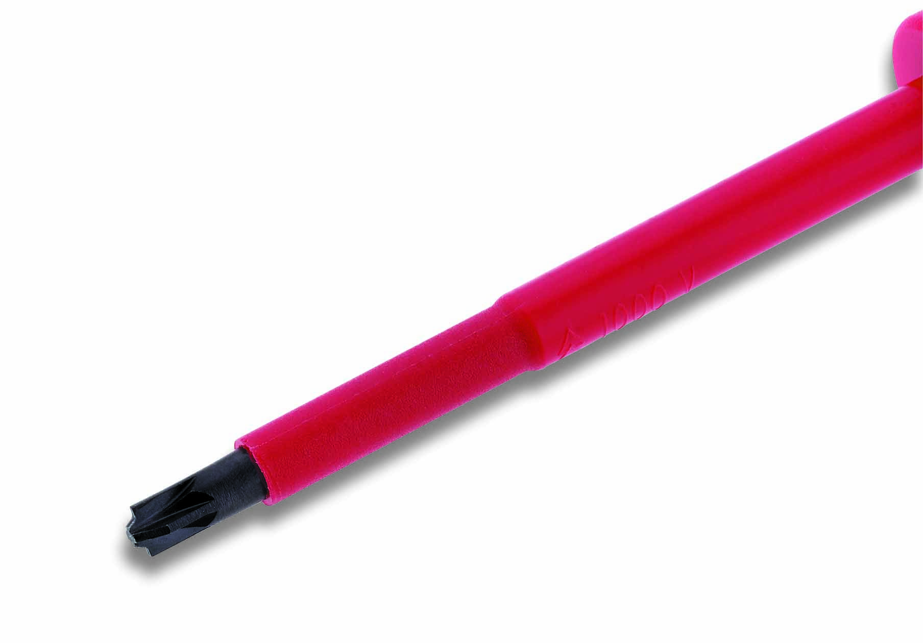 En röd kulspetspenna med svart spets, liggande i en vinklad position.