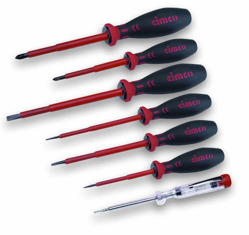 Sexdelat skruvmejselset med isolerade handtag och en spänningsprovare, lämpligt för elarbeten.