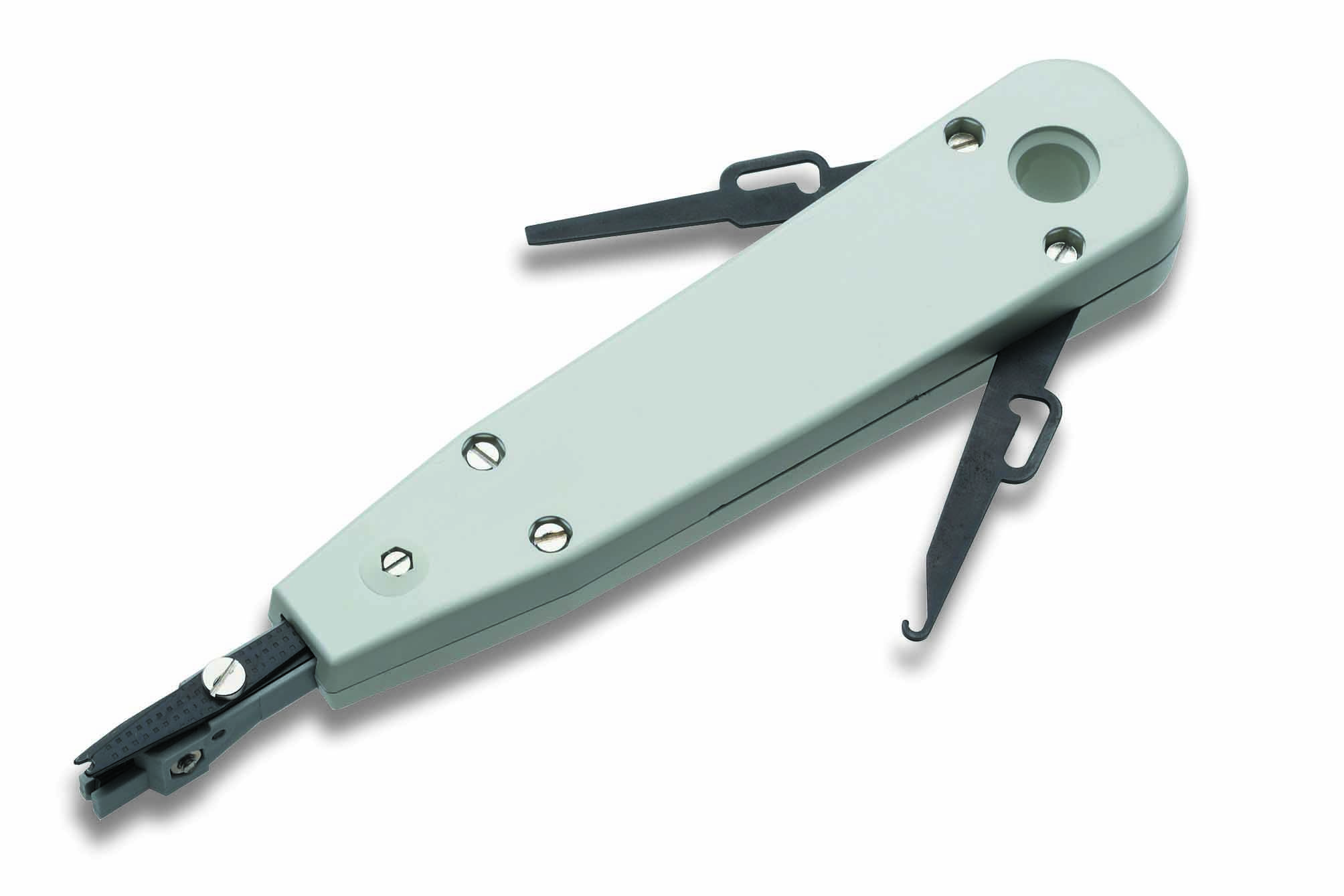 En vit LSA-installationsverktyg med svarta krokar och blad för installation och underhåll av nätverkskablar i telekommunikationsförbindelser.