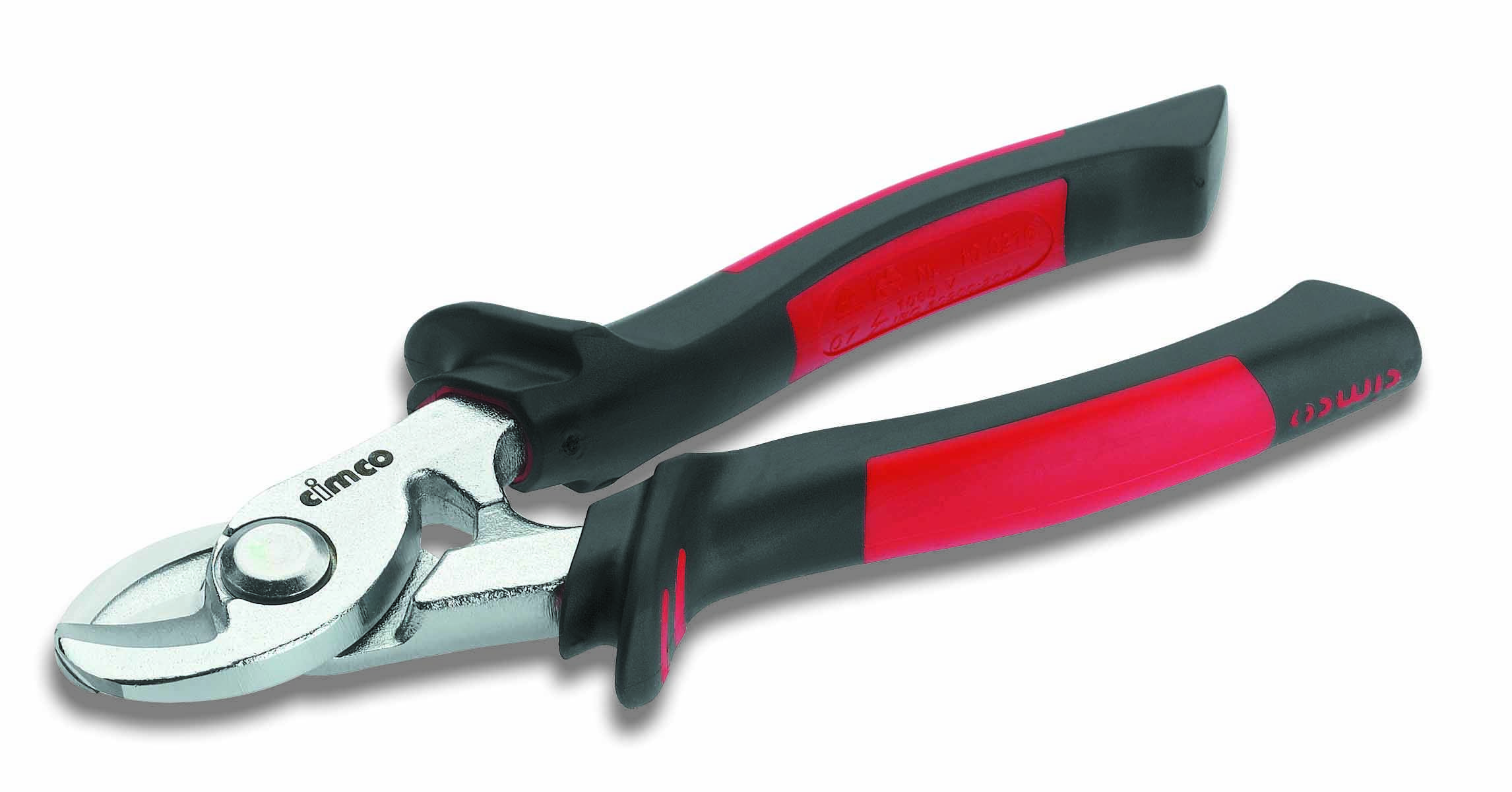 En röd och svart metallsax med ergonomiskt grepp, lämplig för trå- eller metallbearbetning.