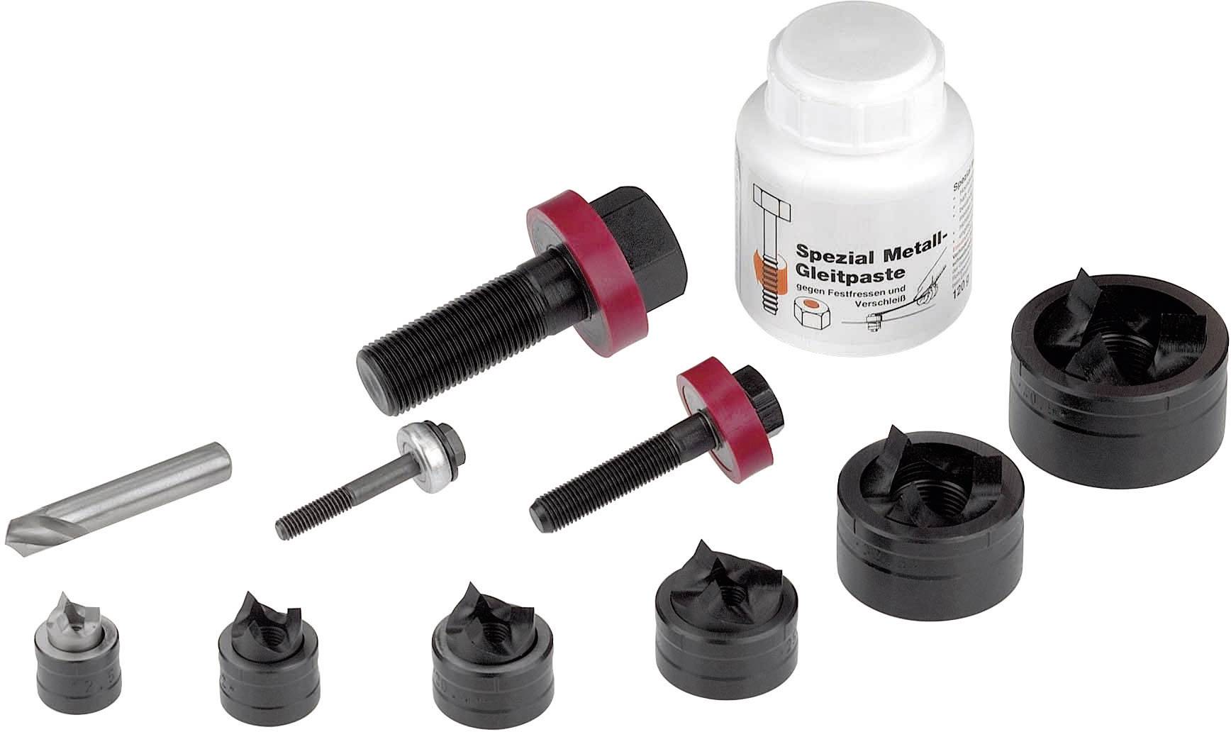 En verktygssats bestående av flera verktyg: metallborrar, skruvar och tätningar i olika storlekar, bredvid en burk glidpasta.