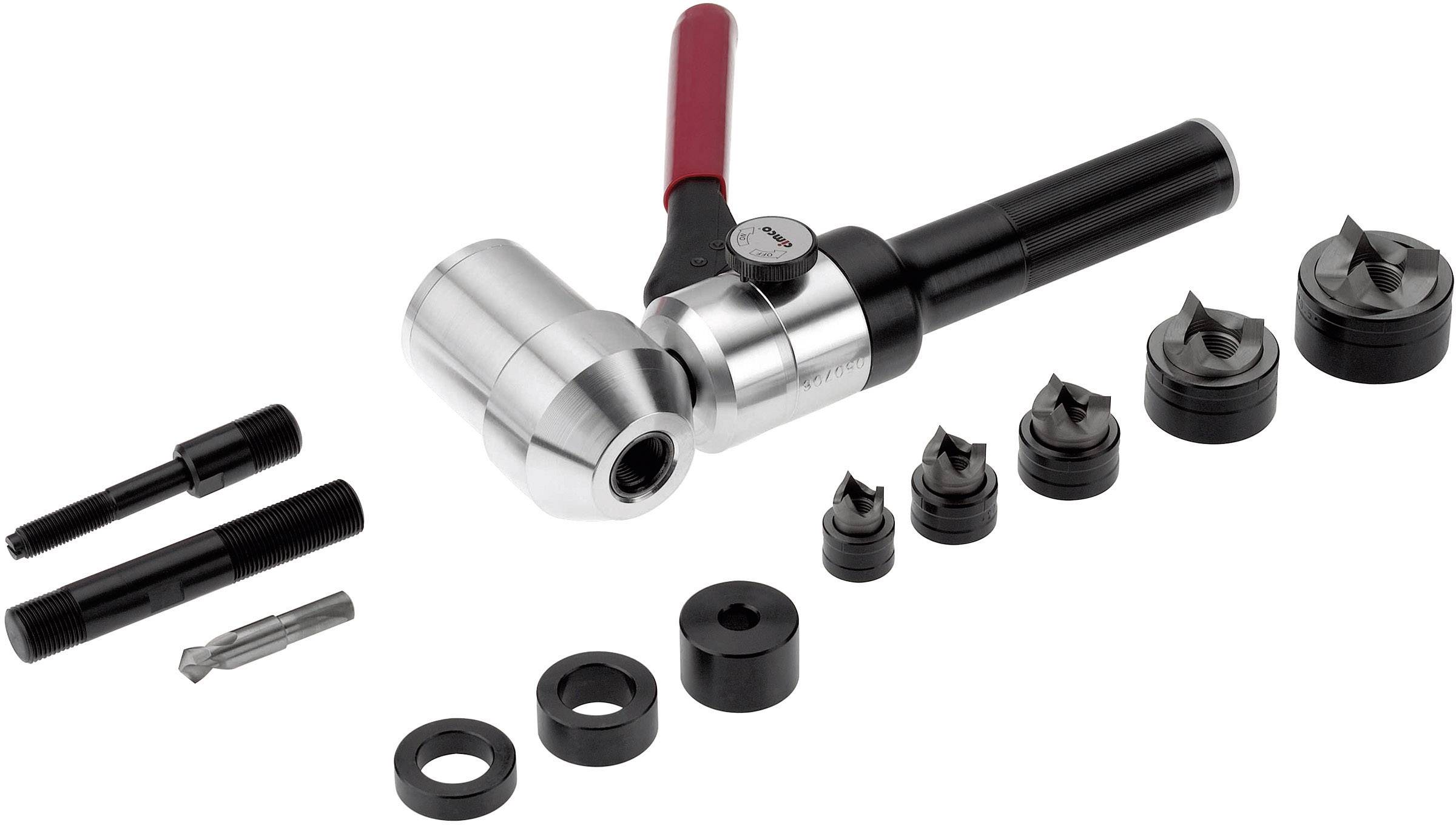 Verktygssats för plåtbearbetning, inklusive hävstångsverktyg, stansningshuvuden i olika storlekar och tillbehör, på vit bakgrund.