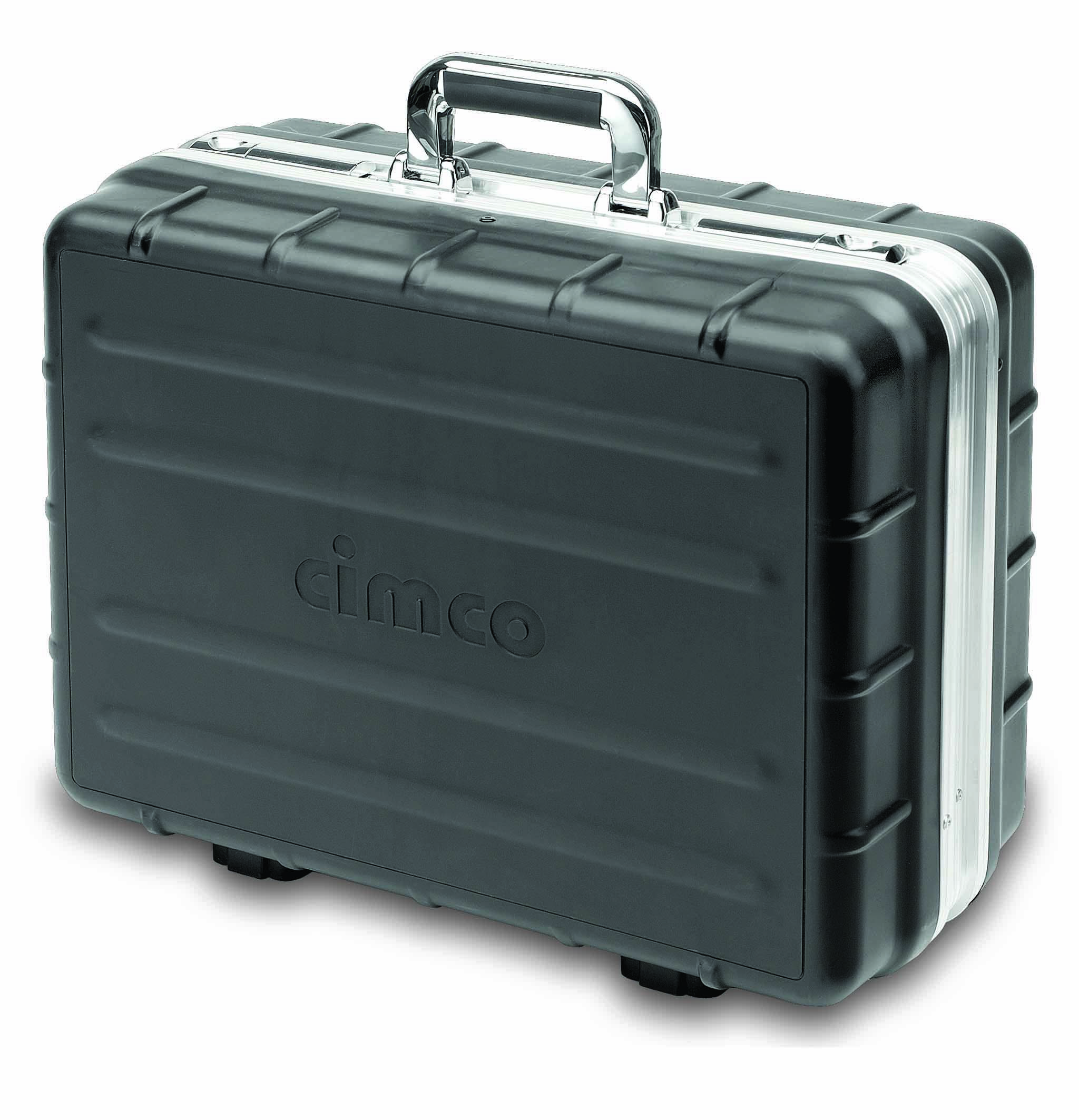 Svart verktygsväska med silvergrep, robust design. Väskan har logotypen 'cimco' på framsidan.
