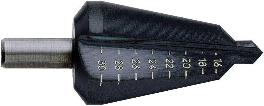 Stegborr av stål med metriska markeringar från 16 till 30 mm för borrning av hål med olika diametrar.