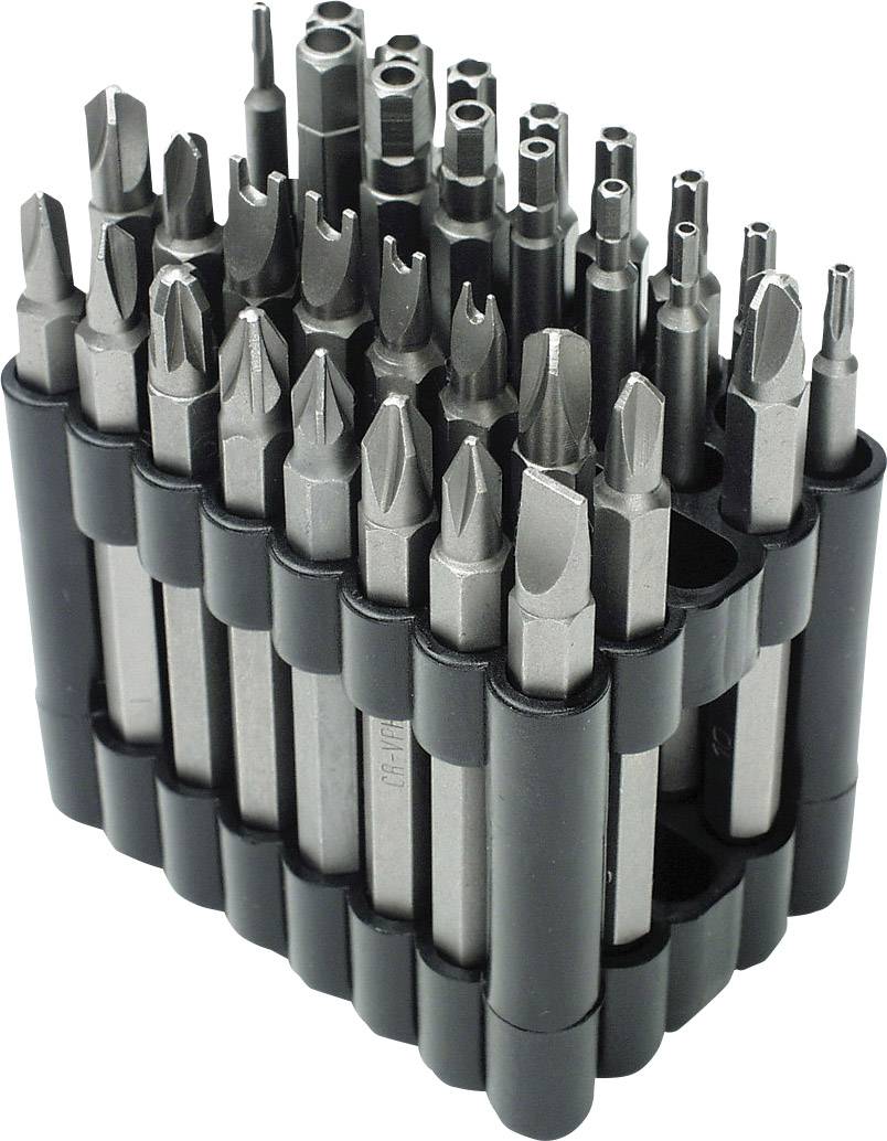 Flera skruvmejselinsatser står upprätt i en svart plastbehållare och är prydligt arrangerade.