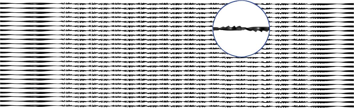 Bilden visar ett mönster av svarta, horisontella linjer med en förstorad cirkel som ger en detaljerad vy av mönstret.