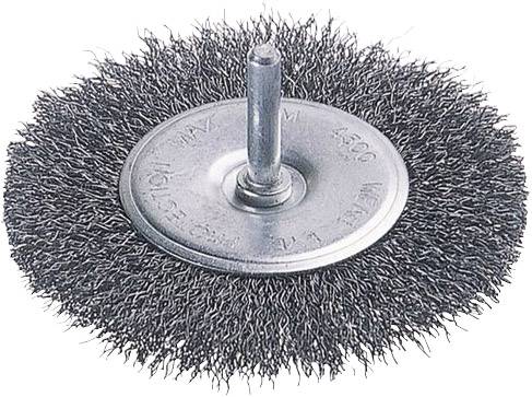 En rund trådborste med metallpinnar, lämplig för borttagning av rost eller färg, används för slipningsarbeten.