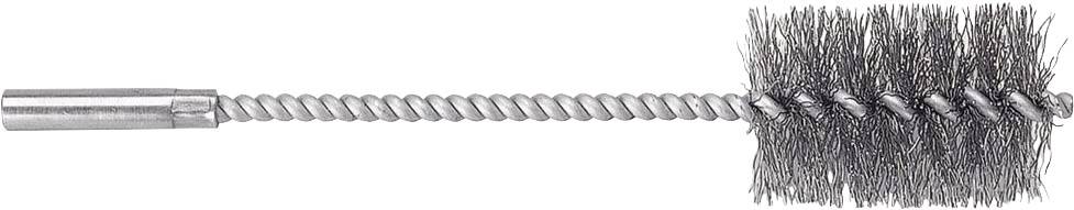 En metallrörborste med en spiralformad stång och täta borst, som används för rengöring av rör eller trånga utrymmen.
