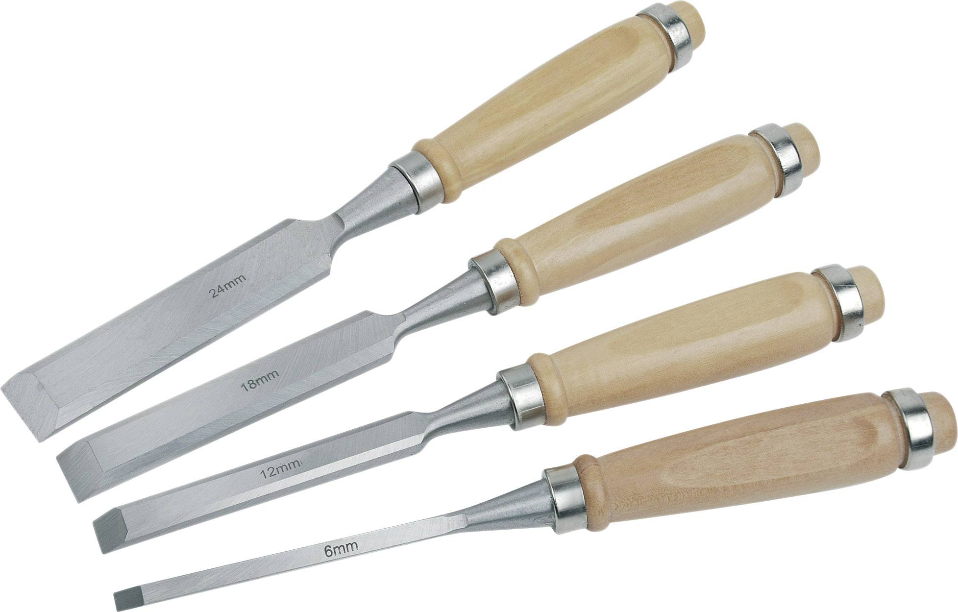 Fyra trähuggare med trähandtag och olika klingbredder ligger bredvid varandra på en vit bakgrund.