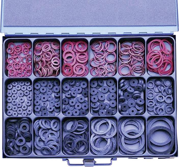 Olika gummitätningar i en sättlåda med fack, sorterade efter storlek och färg, röda och svarta.