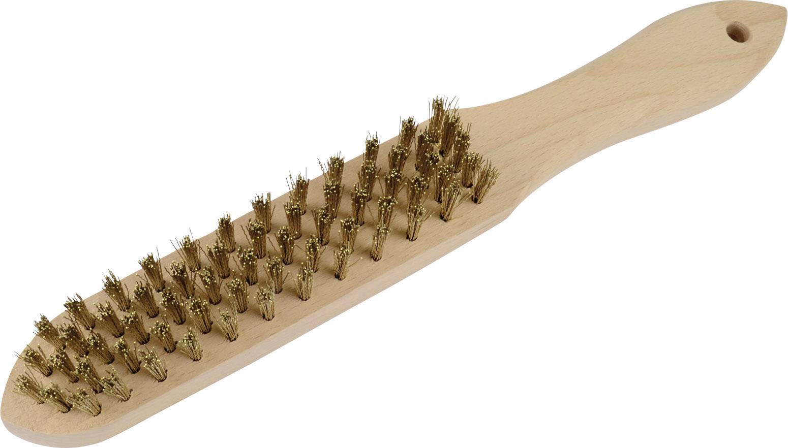 En trähandbörste med borst av mässing, lämplig för rengöring eller bearbetning av ytor.