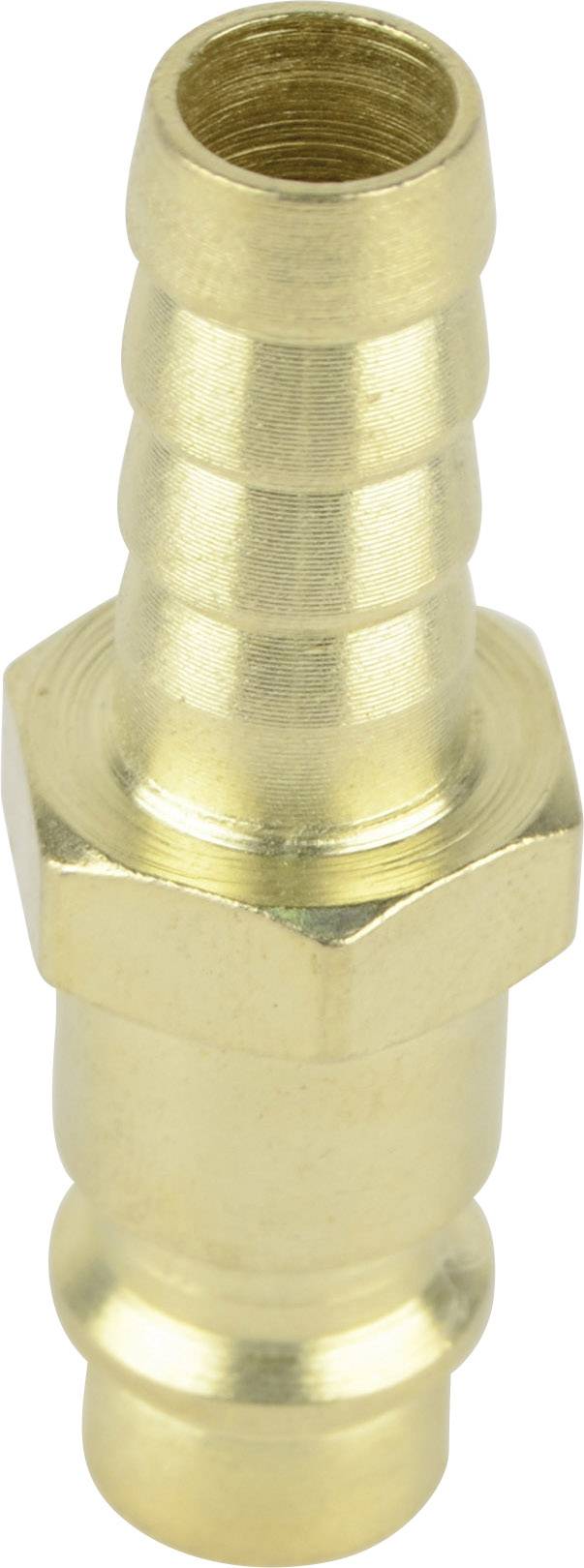 Mässingsslangkoppling med räfflad ände och sexkantig mutter för anslutning av flexibla slangar till rörsystem.