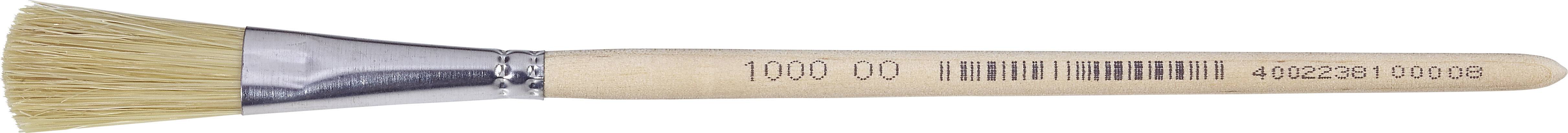 Platt pensel med naturträskaft och metallklämma, borst i naturlig färg. Tryckt streckkod och siffror på skaftet.