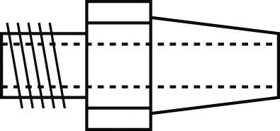 Teknisk ritning av ett cylindriskt werkstycke med gänga och snedlöpande avsnitt som avsmalnar mot höger.