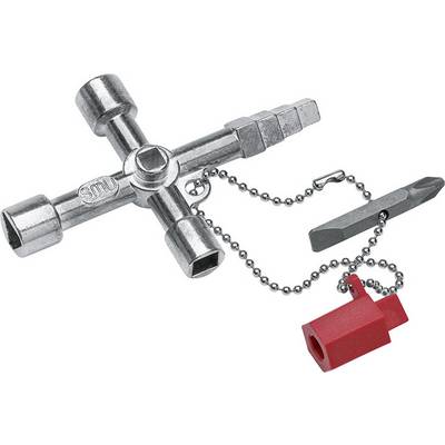 Ett silvergrått fyrkantigt nyckelhålsverktyg med kedjeanhänge och röd adapter. Används för att öppna tekniska låsanordningar.