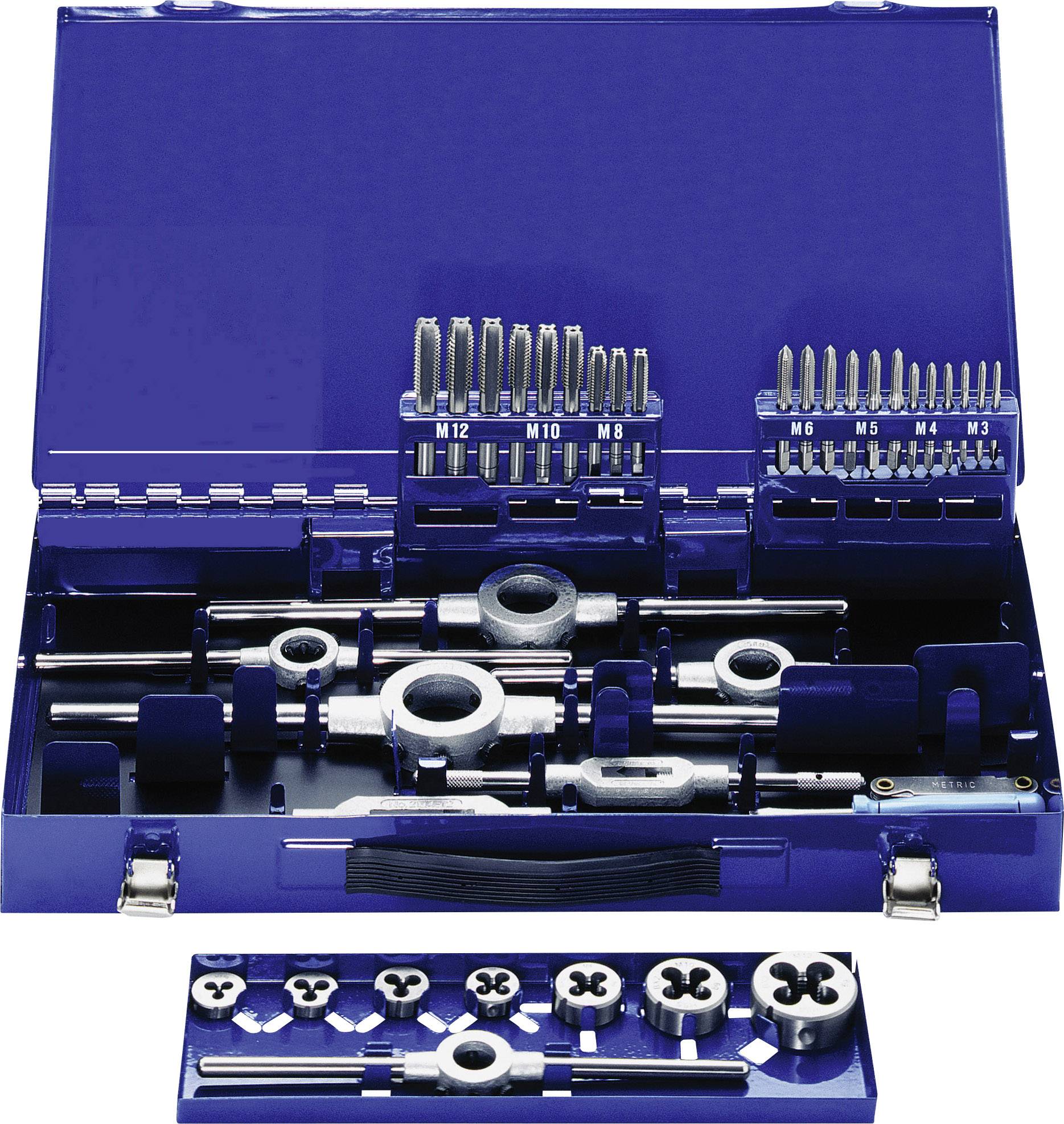En öppen, blå verktygslåda med gängborrar och gängtappar i olika storlekar från M3 till M12, prydligt arrangerade.