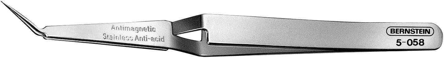Silverfärgad, antimagnetisk rostfri pincett med böjd spets och inskriften 'BORNSTEIN 5-058'.