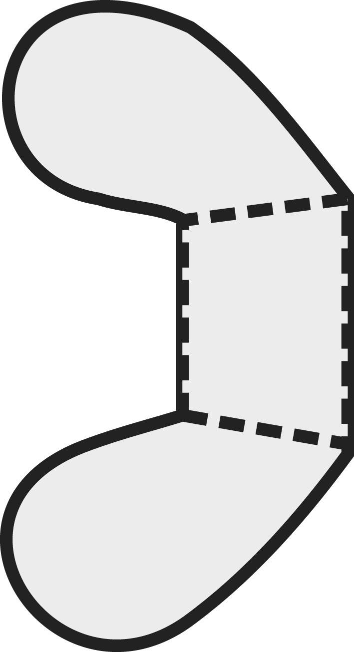 Grafisk representation av en figur med tvåovala sidor, förbundna genom ett rektangulärt mittparti.