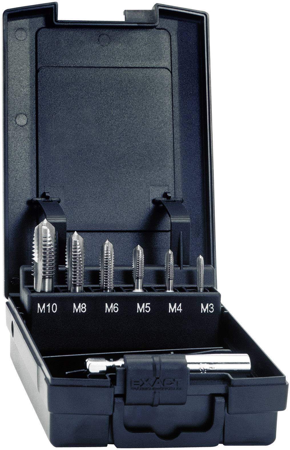 En set med stålskärverktyg i en svart låda, märkt från M3 till M10. Settet innehåller sex olika stora skärverktyg.