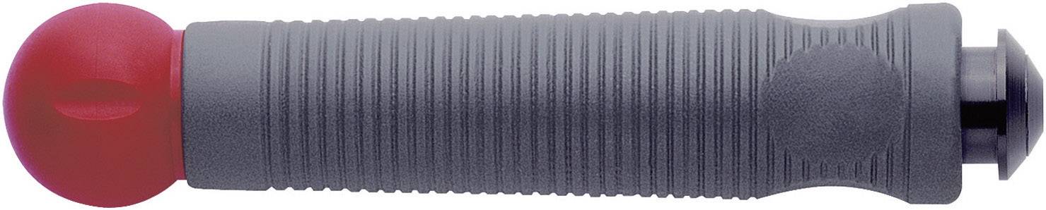 Grå handtag med räfflad struktur och röd, rund ände; fungerar som ergonomiskt grepp för verktyg eller utrustning.