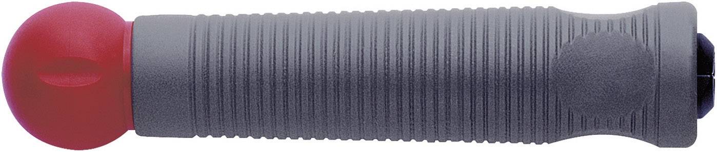 En röd och svart, räfflad handtag, använd för cykelstyre eller sparkcykel, ligger horisontellt på en vit bakgrund.