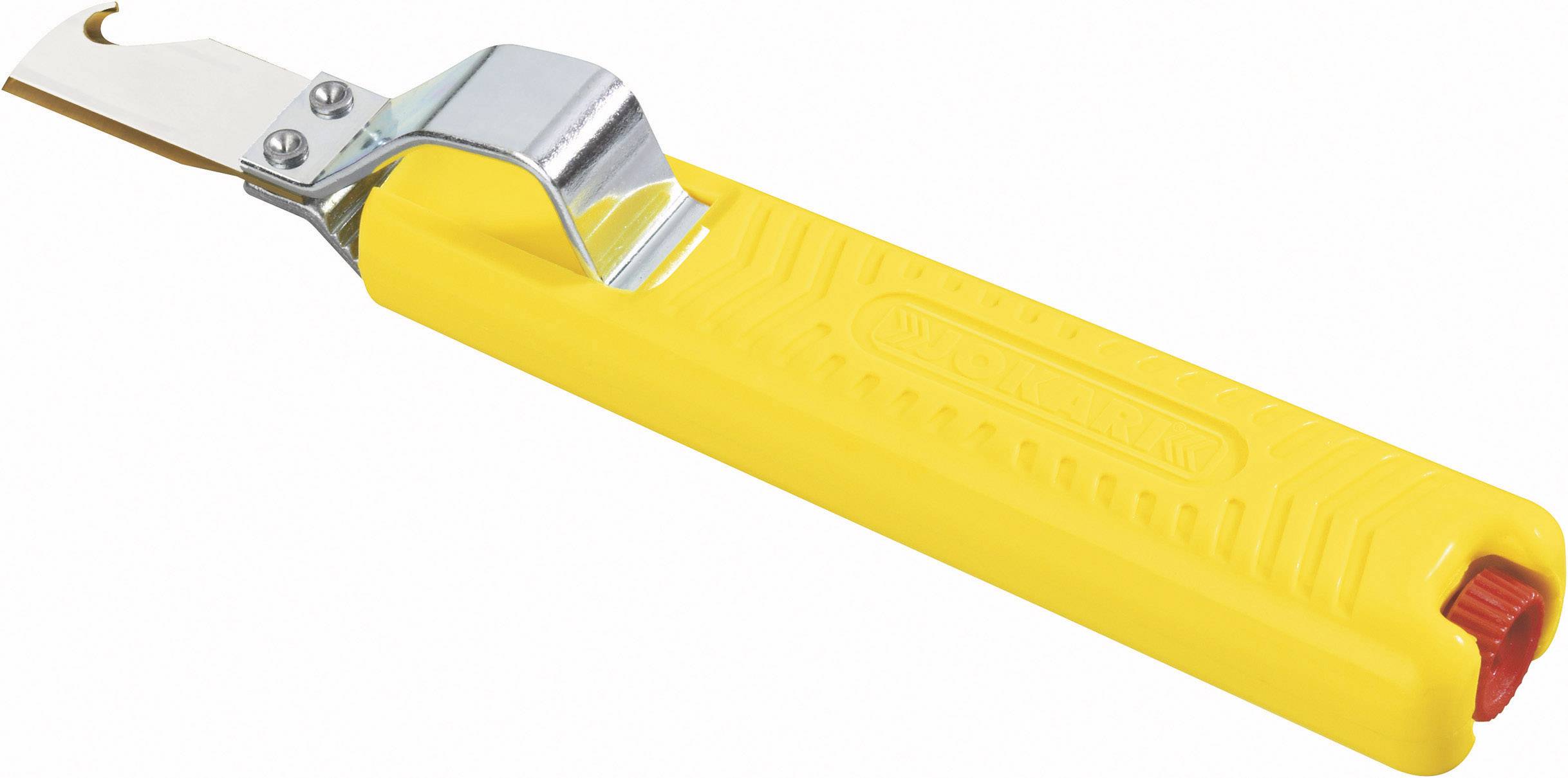 Gul universell verktyg med böjd metallklinga och plasthandtag, använt för att öppna burkar eller kartonger.