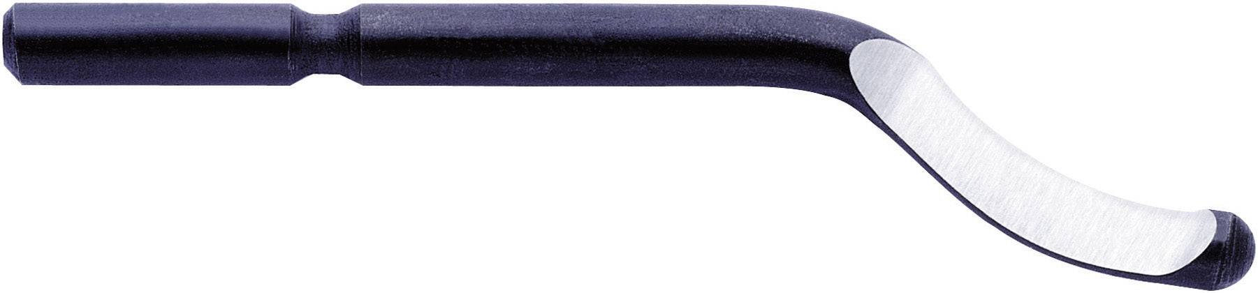 En handhyvel med ergonomiskt handtag och böjd metallklinga för borttagning av grader och ojämnheter från arbetsstyckets kanter.