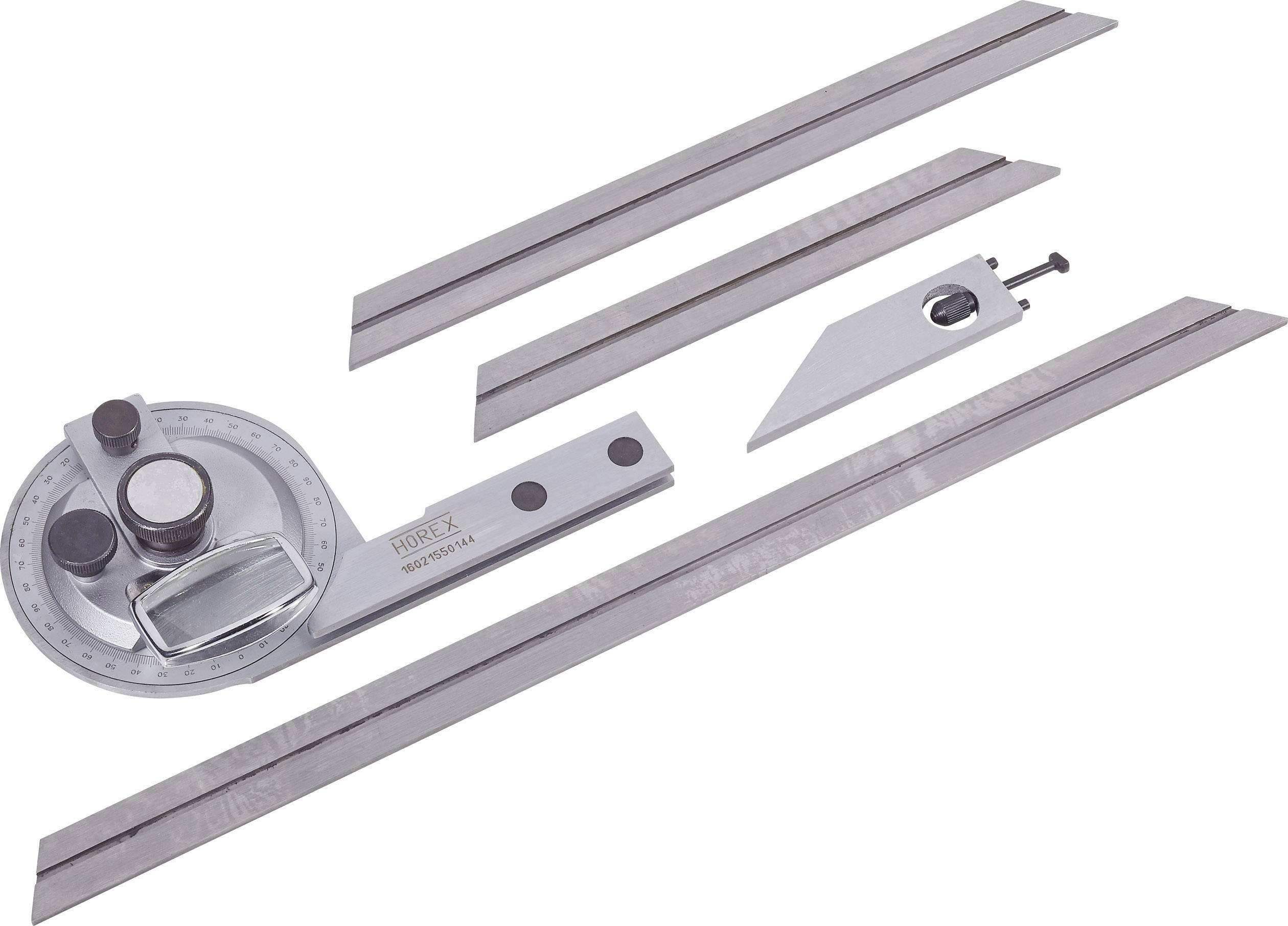 Metallmätverktygssats bestående av en vinkelmätare, linjaler och ett skärmätinstrument, placerad på vit bakgrund.