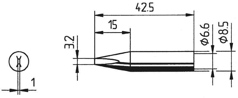 Teknisk ritning av en kontakt med mått: Total storlek 42,5 mm, diameter 6,6 mm fram, 8,5 mm bak, längd 15 mm.