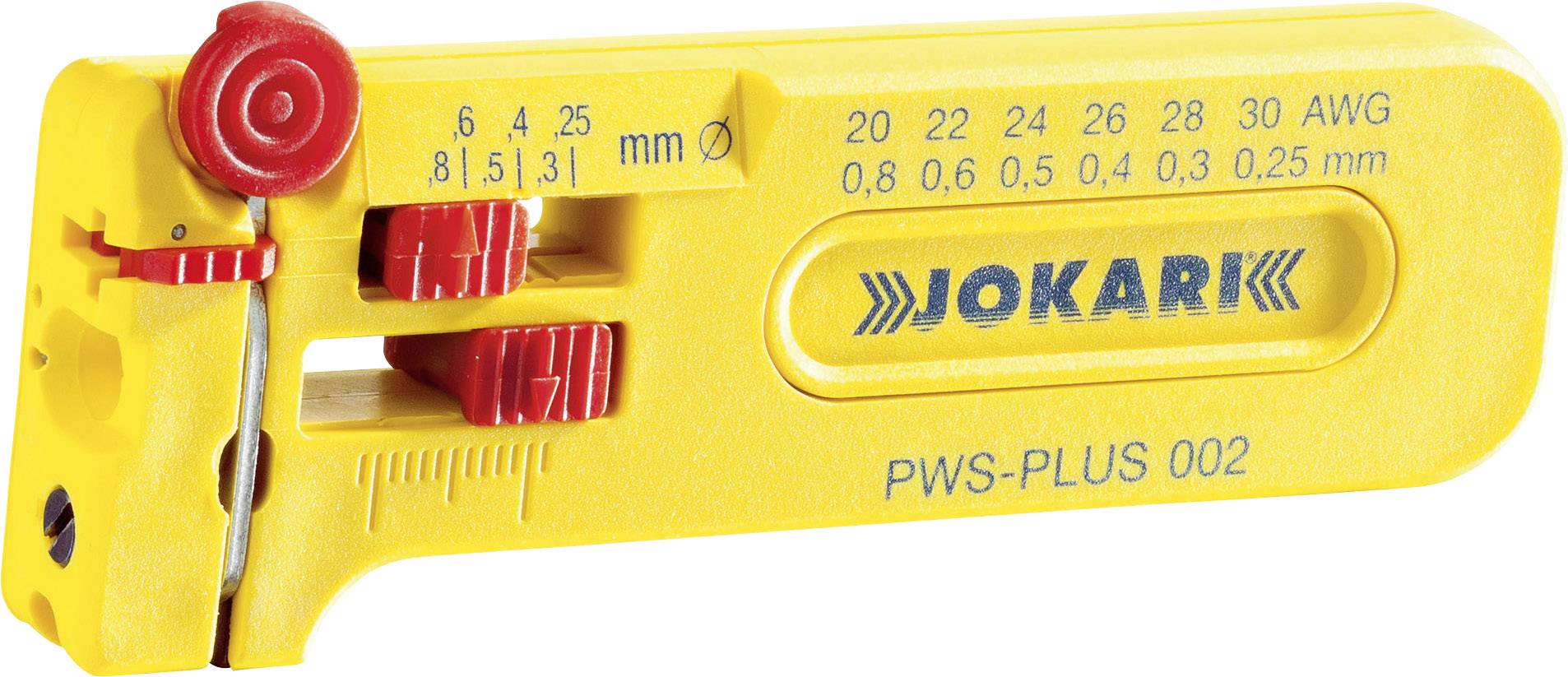 Ett gult avmantlingsverktyg med skalor för millimeter och AWG. Märket 'Jokari' och modellen 'PWS-PLUS 002' är tryckt på ytan.