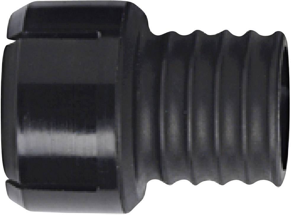 Svart, räfflad plastslangkoppling med slät ändlock, fotograferad från sidan. Lämplig för röranslutningar.