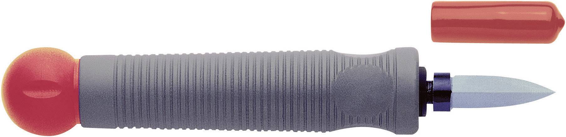 Ett grått handtag med ett rött grepp håller ett blad; bredvid ligger en röd mössa.