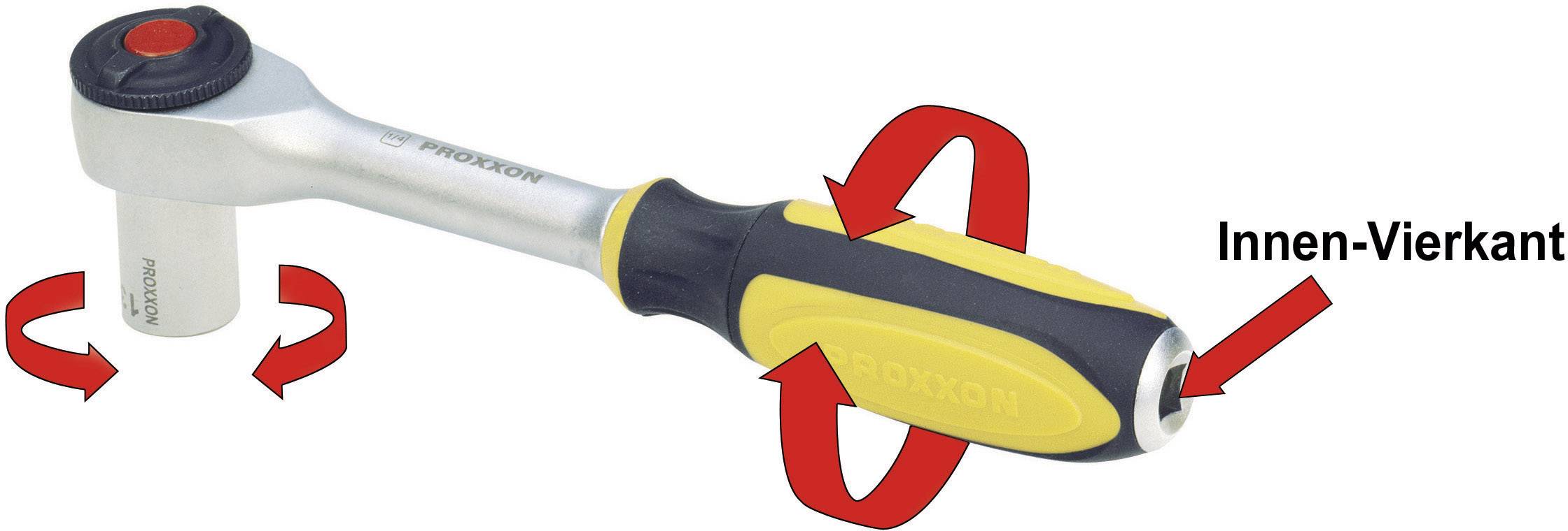 Skiftnyckel med spärrhandtag och ergonomiskt grepp, visar vridbar rörelse runt den invändiga fyrkanten.