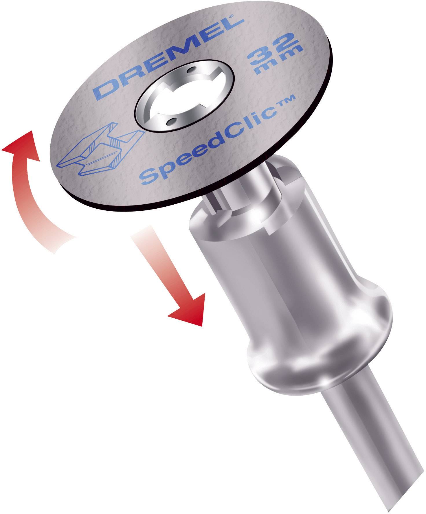 Dremel SpeedClic-skiva, metallisk kapskiva med röd pil som anger rotationsriktningen, lämplig för precisionskapning.