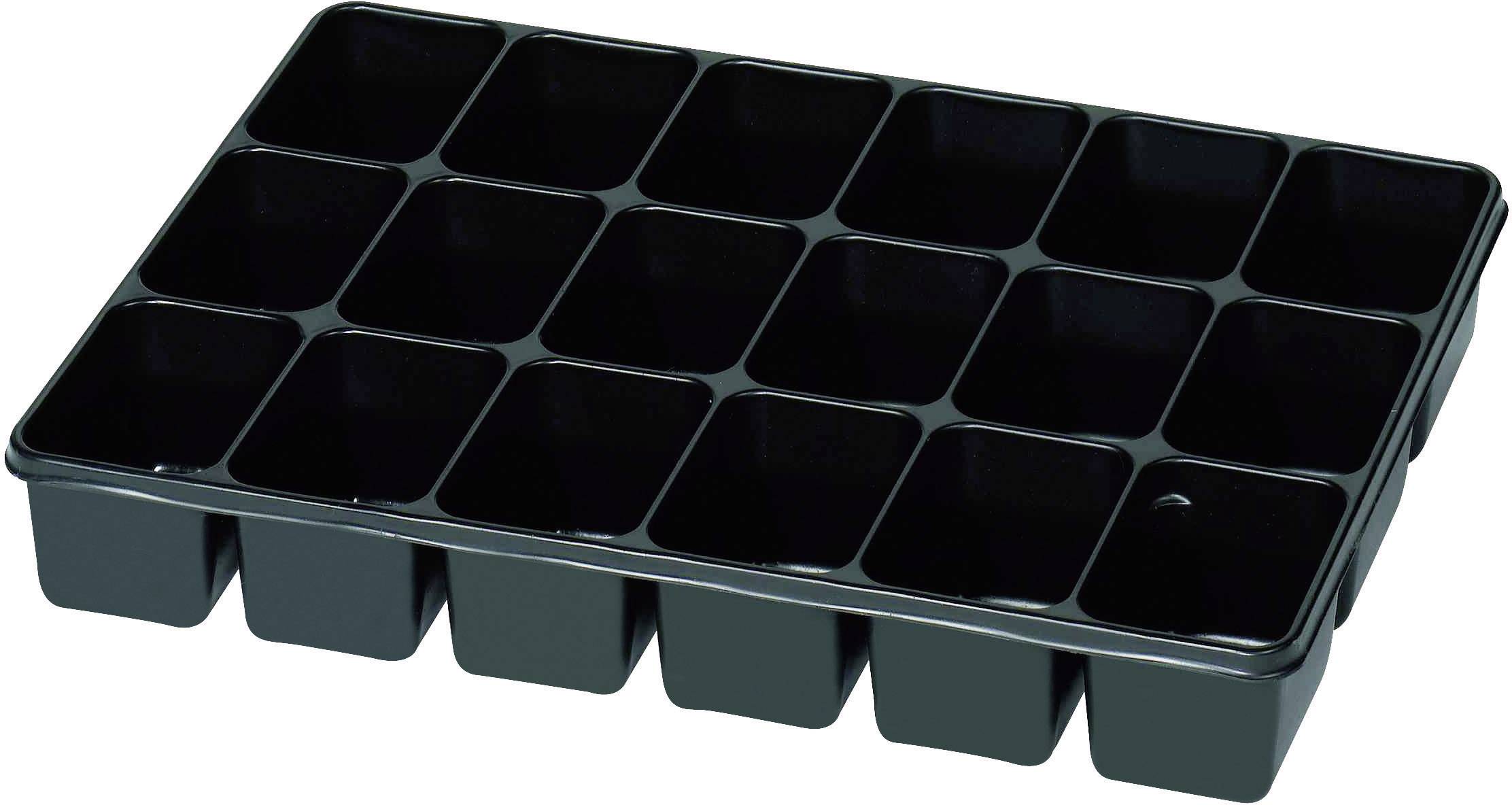 Svart planteringsbrätte med 18 rektangulära celler, fördelade i en 3x6-konfiguration, för fröstart eller plantor.