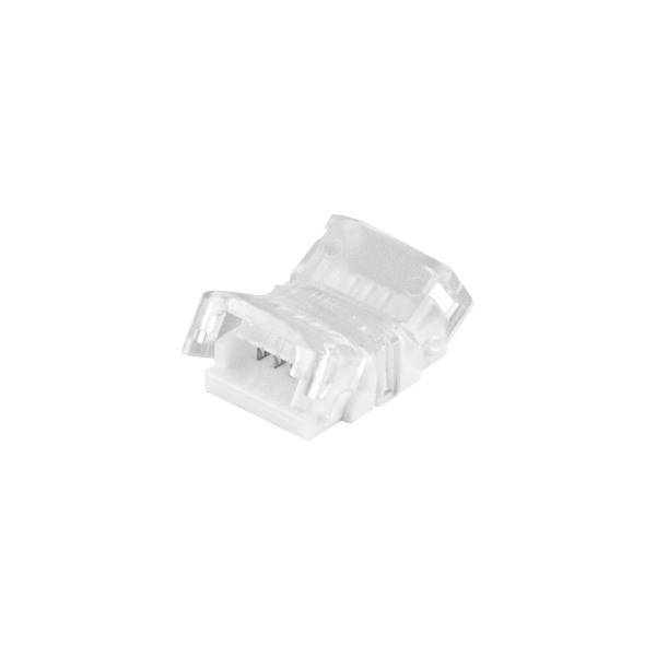 En transparent plastklämma för anslutning av två LED-ljusslingor, lämplig för flexibla och styva LED-remsor.