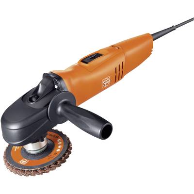 En orangefärgad vinkelslipmaskin med svart handtag och rödbrunt slipskiva, sedd från sidan.