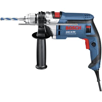 En blå Bosch-borrmaskin med svart handtag, modell 'GSB 16 RE Professional', är avbildad.