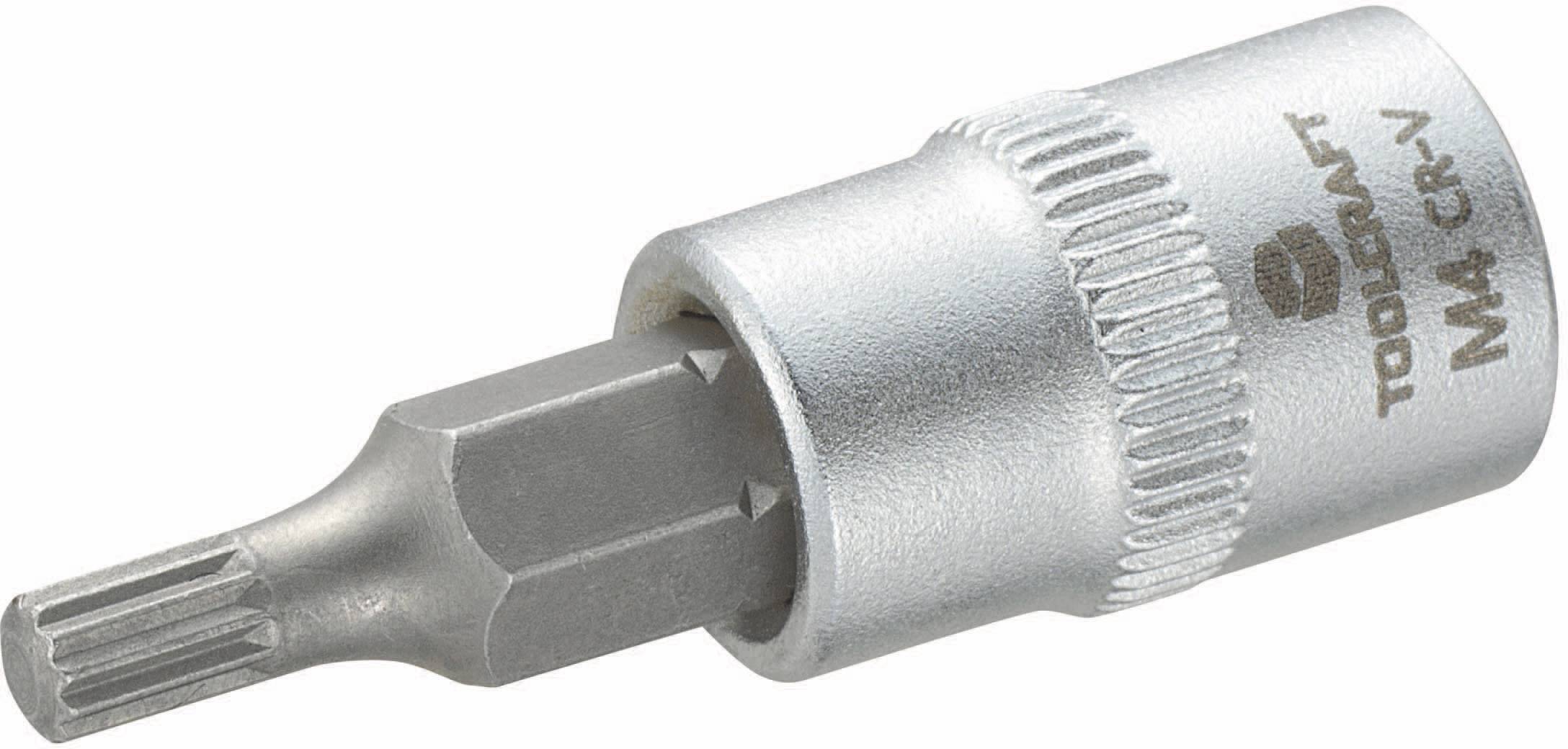 Bitshylsa med Torx-profil, silverfärgad, med texten 'TOOLCRAFT M4 CR-V'. Lämplig för skruvverktyg.