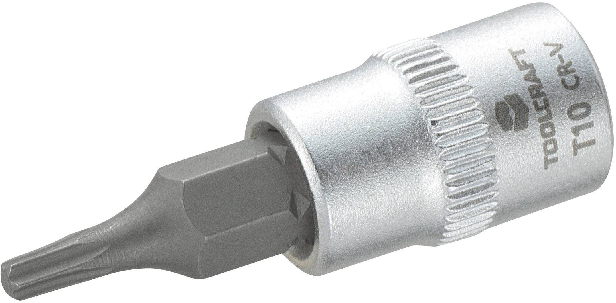 "Närbild av en silverfärgad Torx-bitshylsa med texten "TOOLCRAFT T10 CR-V"."